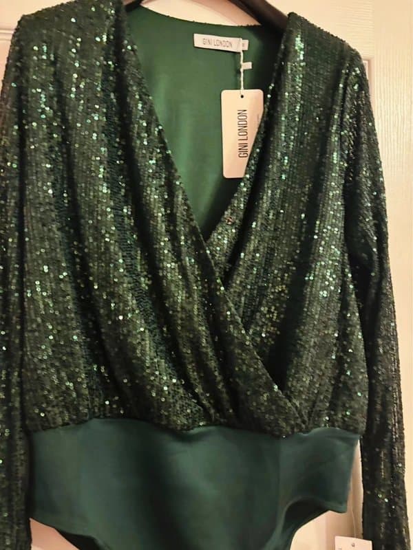 Girl in Mind Silkfred girl in mind plunge sequin bodysuit Green Party wedding festival 12 same day post new