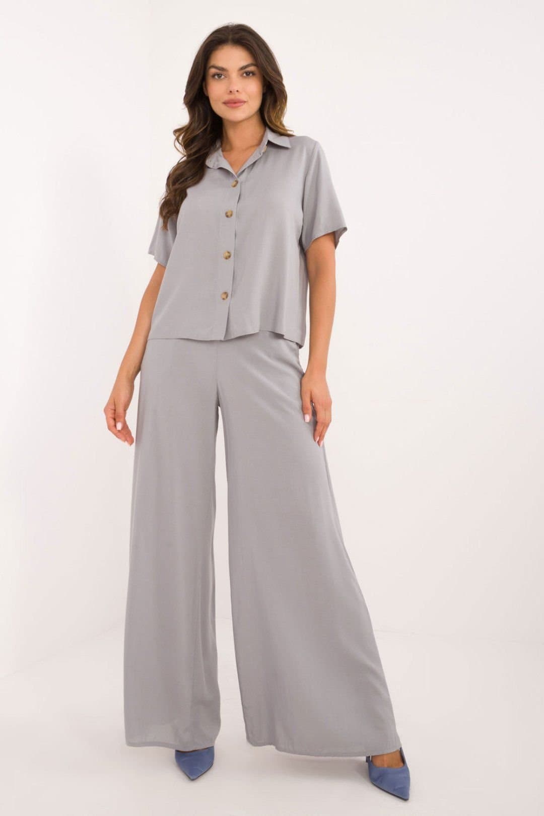 Love Lace Love Lace Women's Elegant Viscose Shirt & High Waist Trousers Set in Grey
