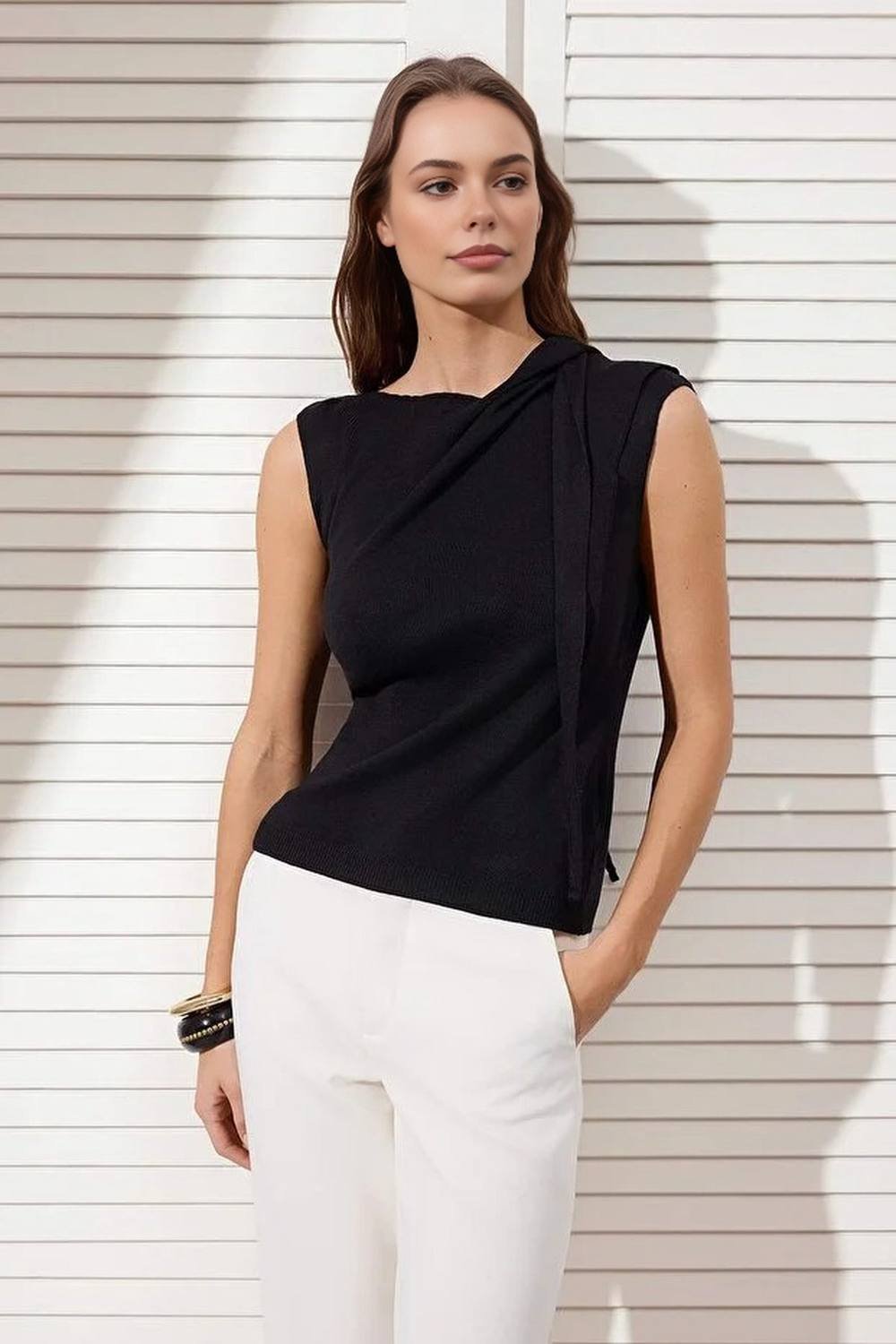 WOVCOR WOVCOR Women's Draped Neck Sleeveless Knitted Top in Black - 2