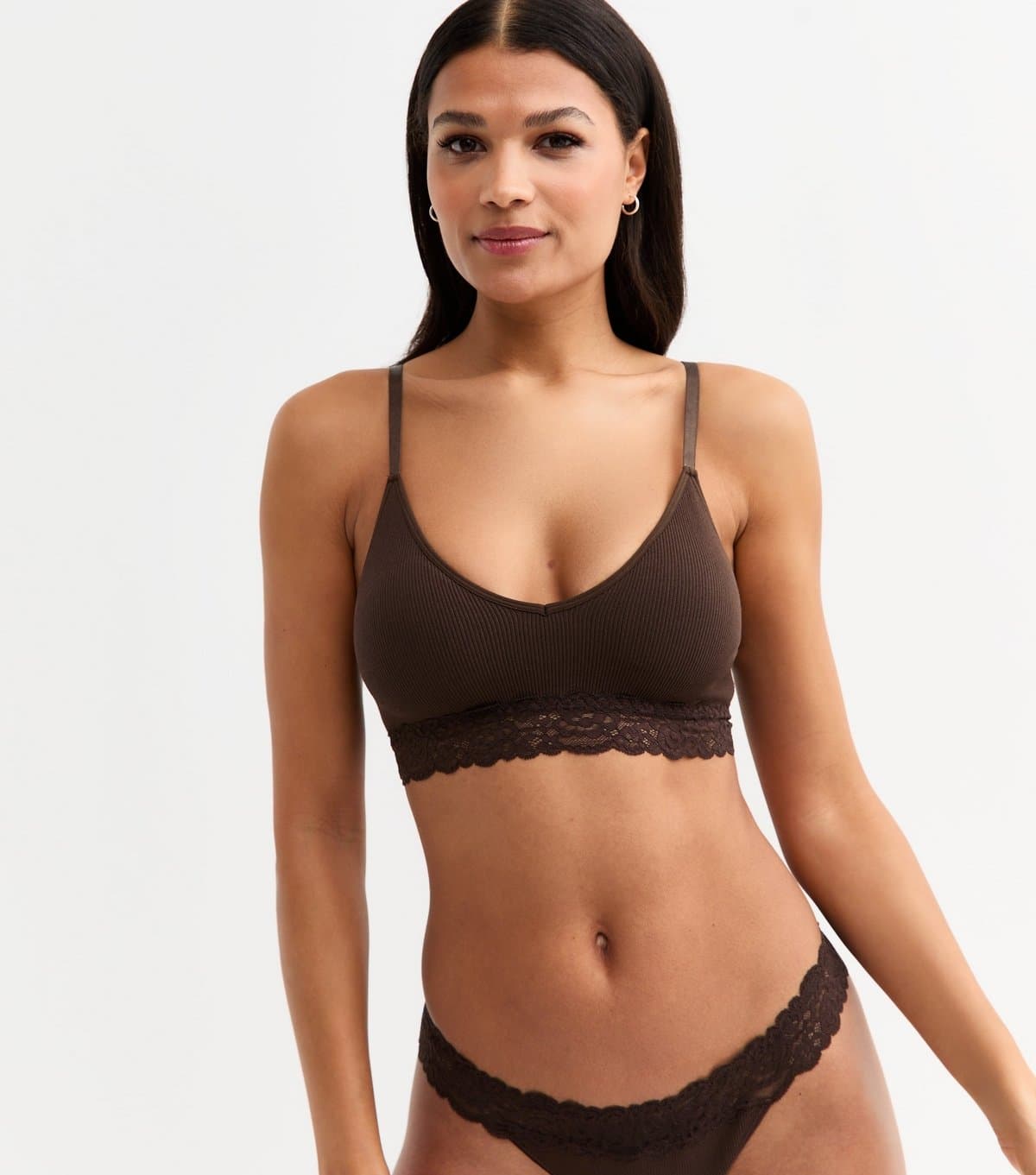 New Look Women's Brown Ribbed Seamless Lace Trim Bralette New Look
