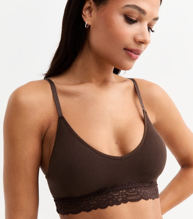 New Look Women's Brown Ribbed Seamless Lace Trim Bralette New Look - 2