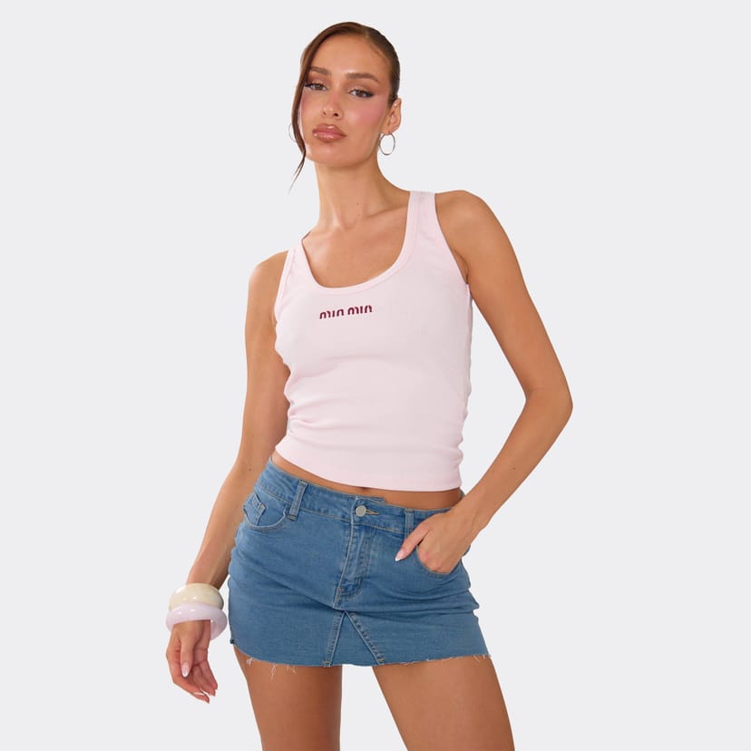 EGO Scoop Neck Min Min Graphic Vest Top In Pink Ribbed, Women's Size UK 6 - 1