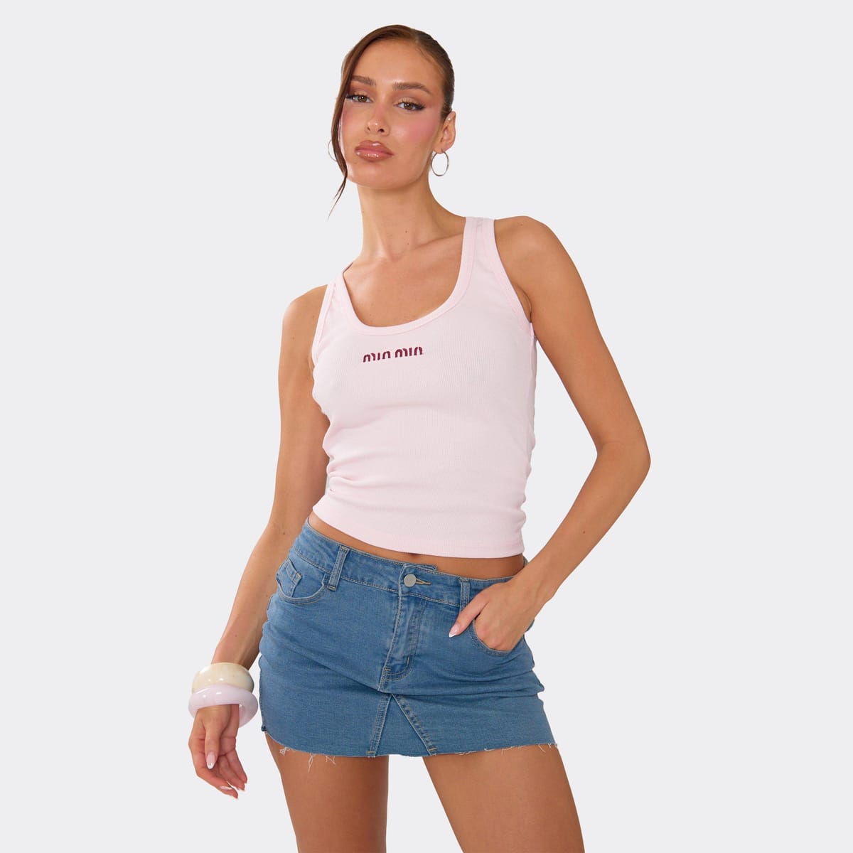 EGO Scoop Neck Min Min Graphic Vest Top In Pink Ribbed, Women's Size UK 6 - 1