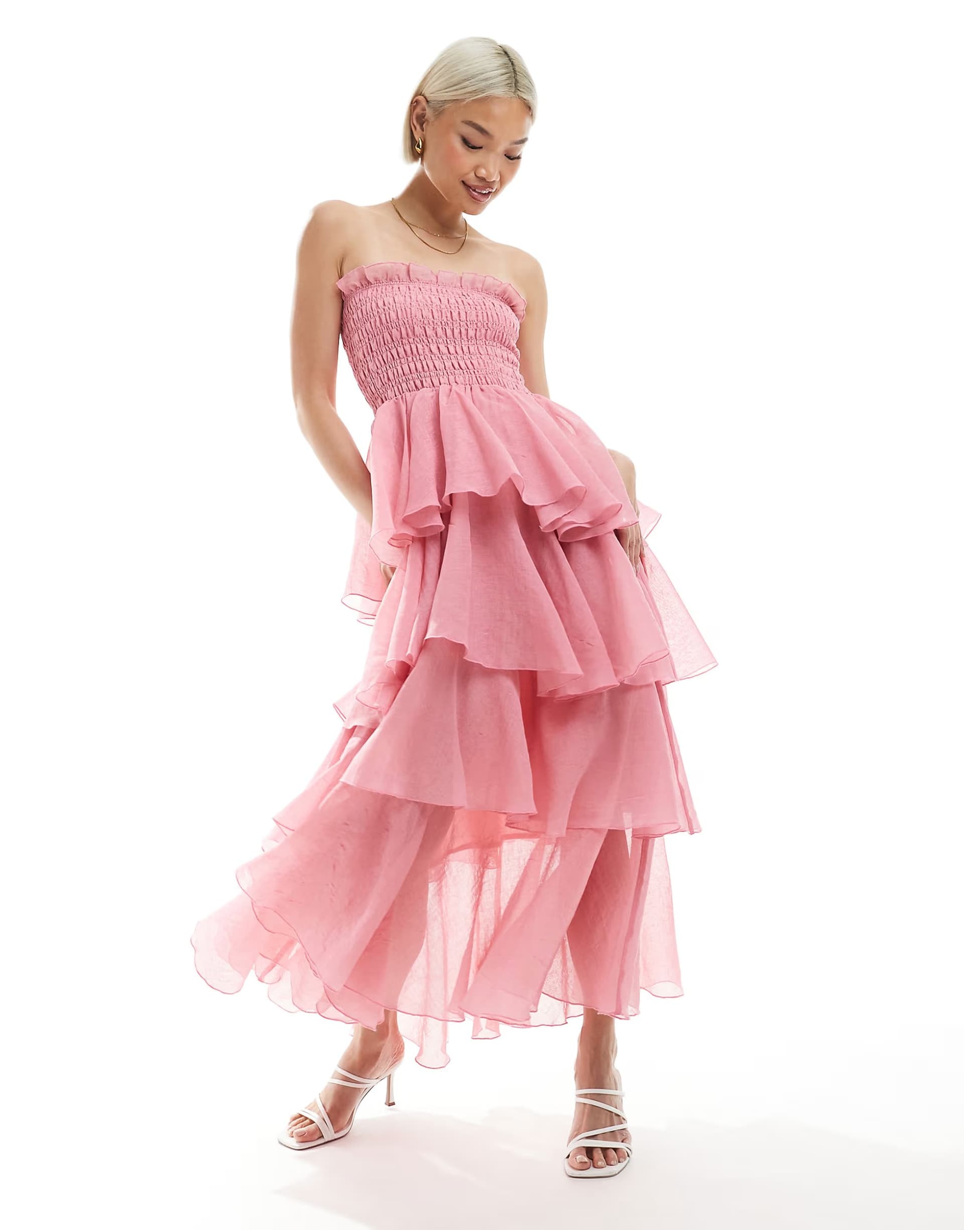 ASOS Vero Moda shirred bodice tiered ruffle hem maxi dress in pink