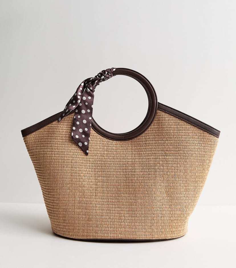 New Look Stone Circle Top Handle Basket Bag with Scarf New Look - 1