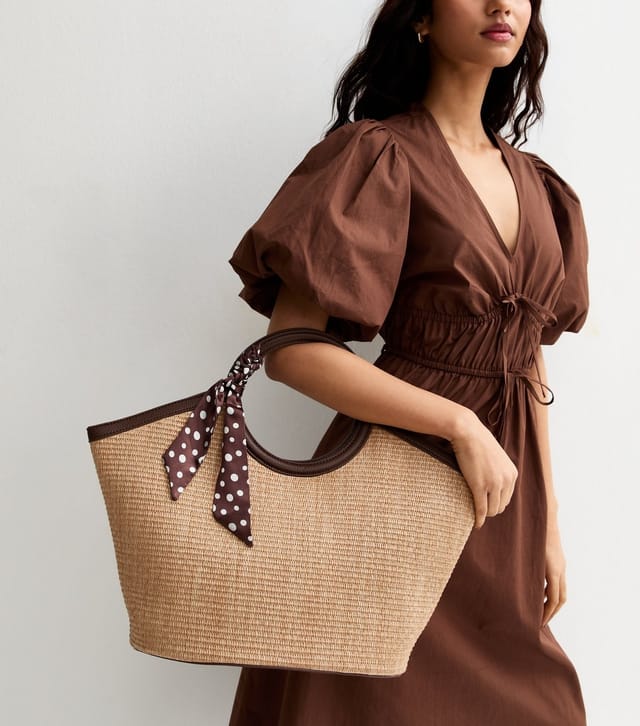 New Look Stone Circle Top Handle Basket Bag with Scarf New Look - 2