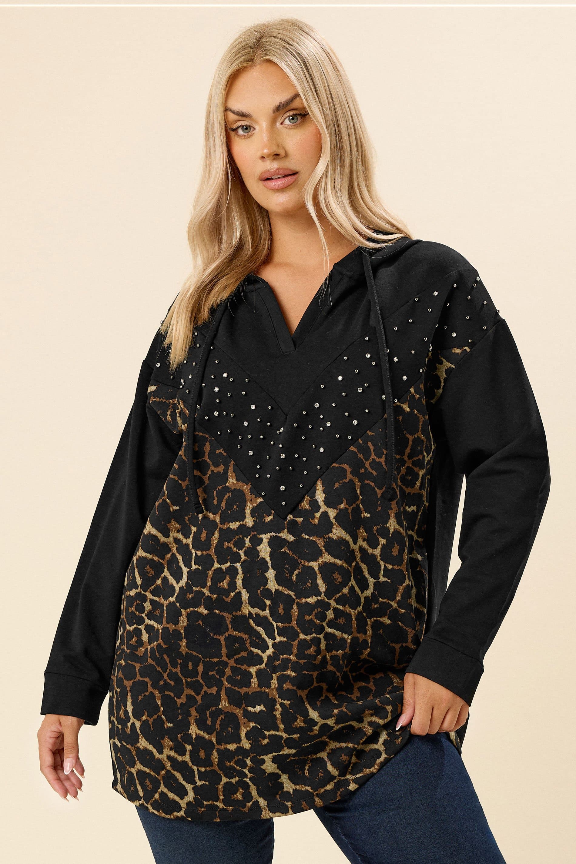 Yours Plus Size Grey Black Leopard Print Stud Hoodie