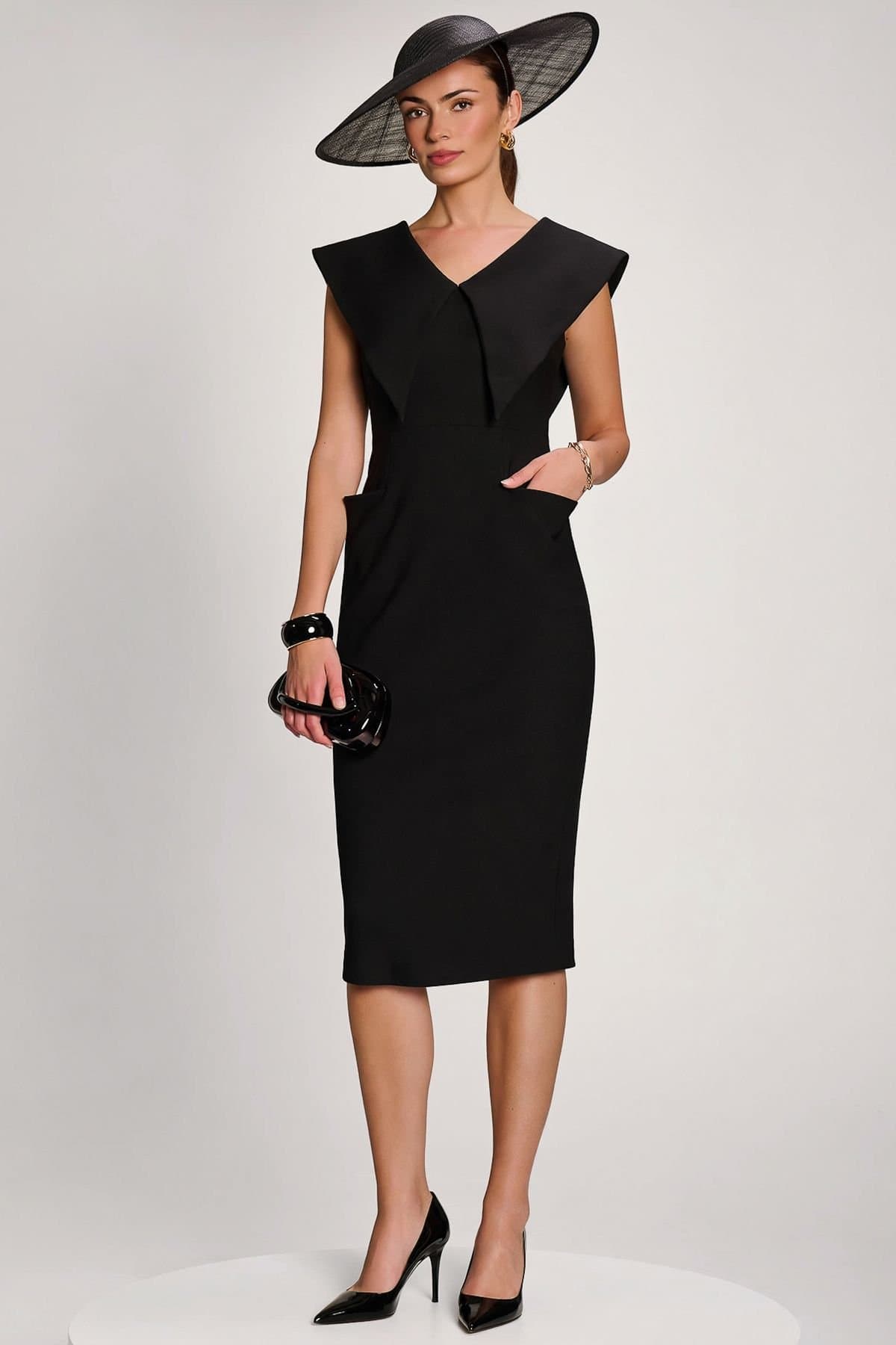 Jolie Moi Jolie Moi Women's Statement Collar Hourglass Midi Dress in Black