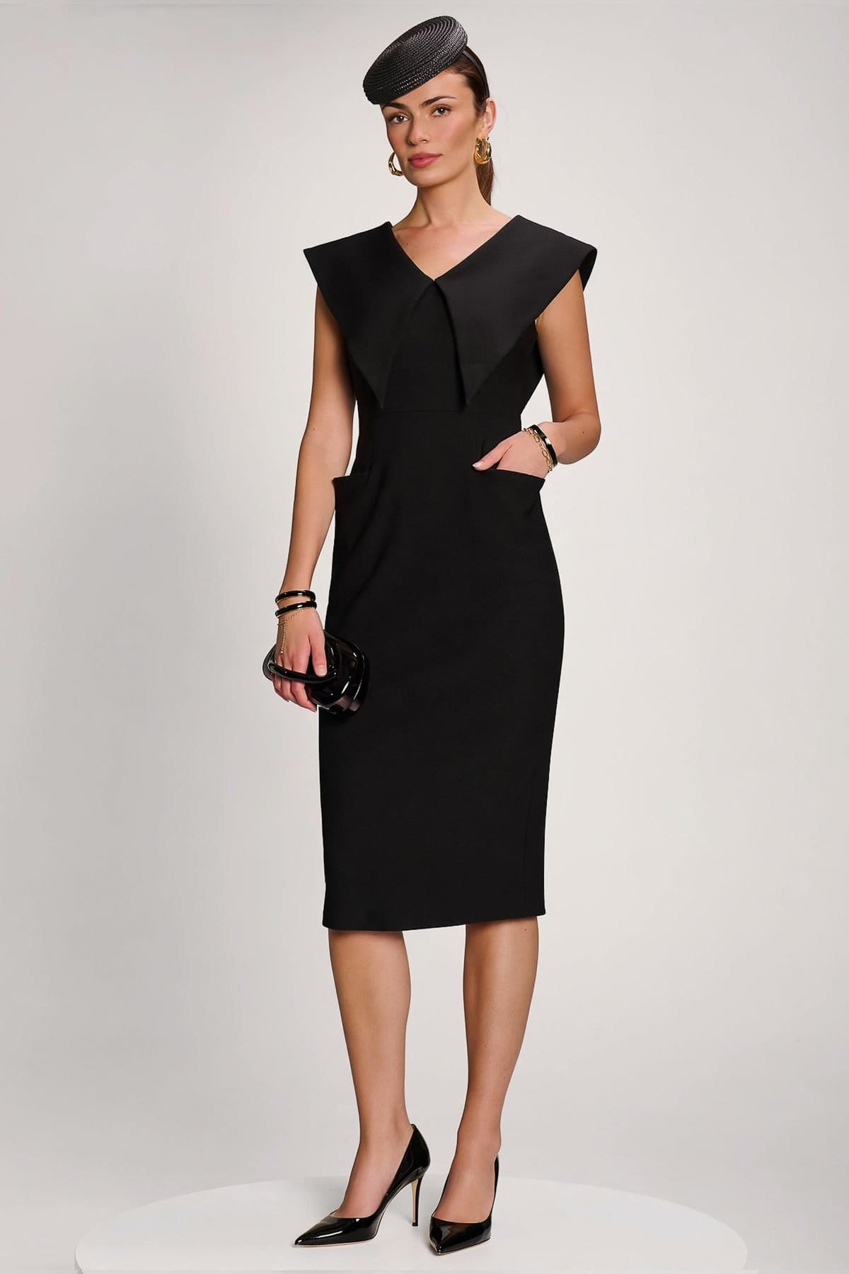 Jolie Moi Jolie Moi Women's Statement Collar Hourglass Midi Dress in Black - 4