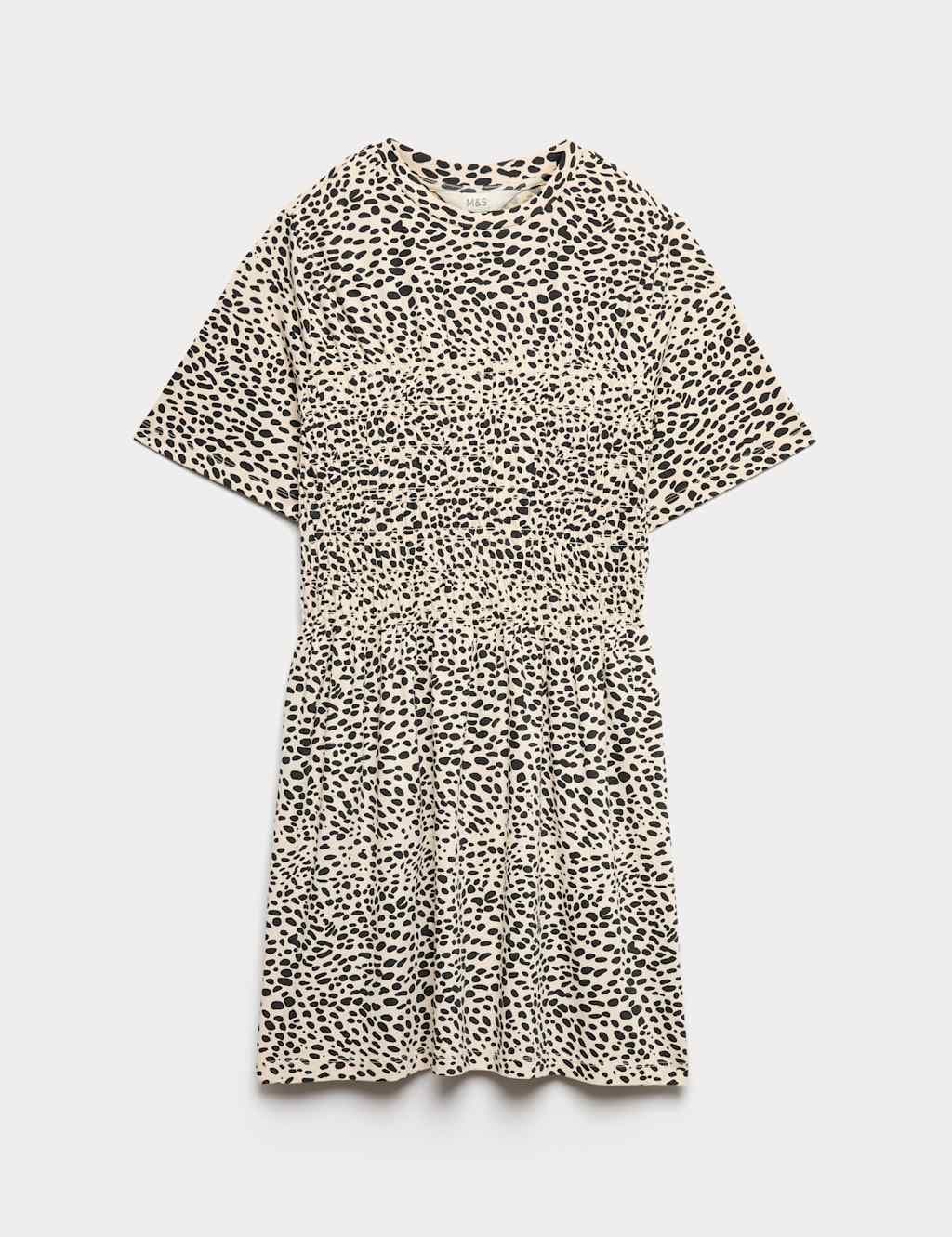 Marks & Spencer M&S Cotton Rich Animal Print Shirred Mini T-Shirt Dress Black Mix