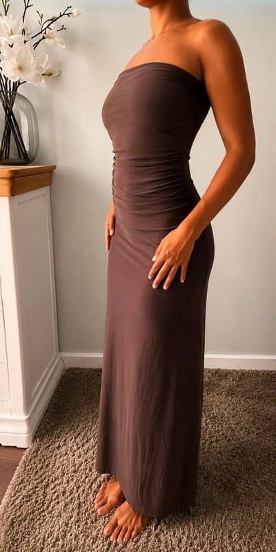 Topshop Topshop Chocolate Brown Ruched Bandeau Bodycon Maxi Dress