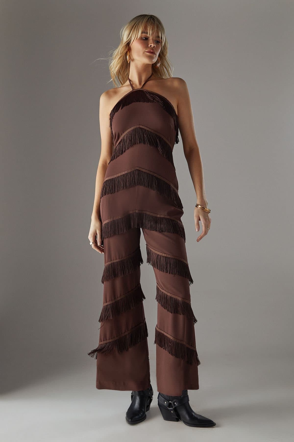 Warehouse Warehouse Women's Premium Fringe Halter Jumpsuit in Chocolate