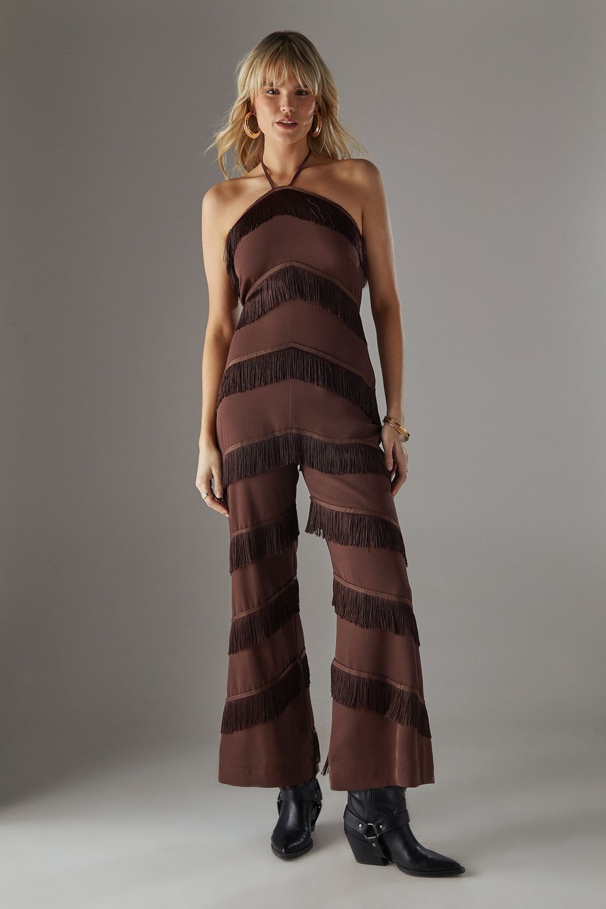 Warehouse Warehouse Women's Premium Fringe Halter Jumpsuit in Chocolate - 4