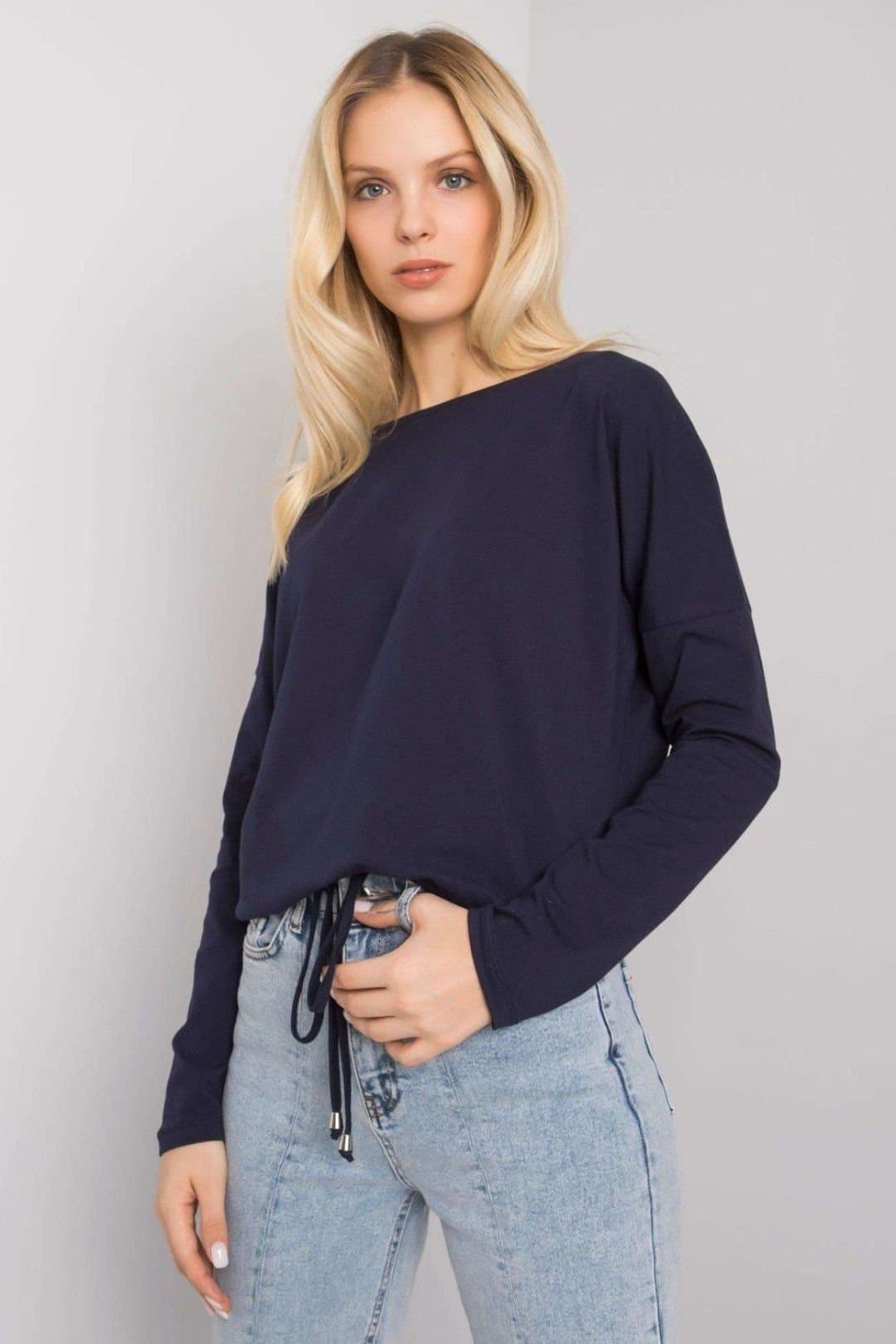 Love Lace Love Lace Women's Straight Cut Long Sleeve Blouse Tie Bottom in Blue