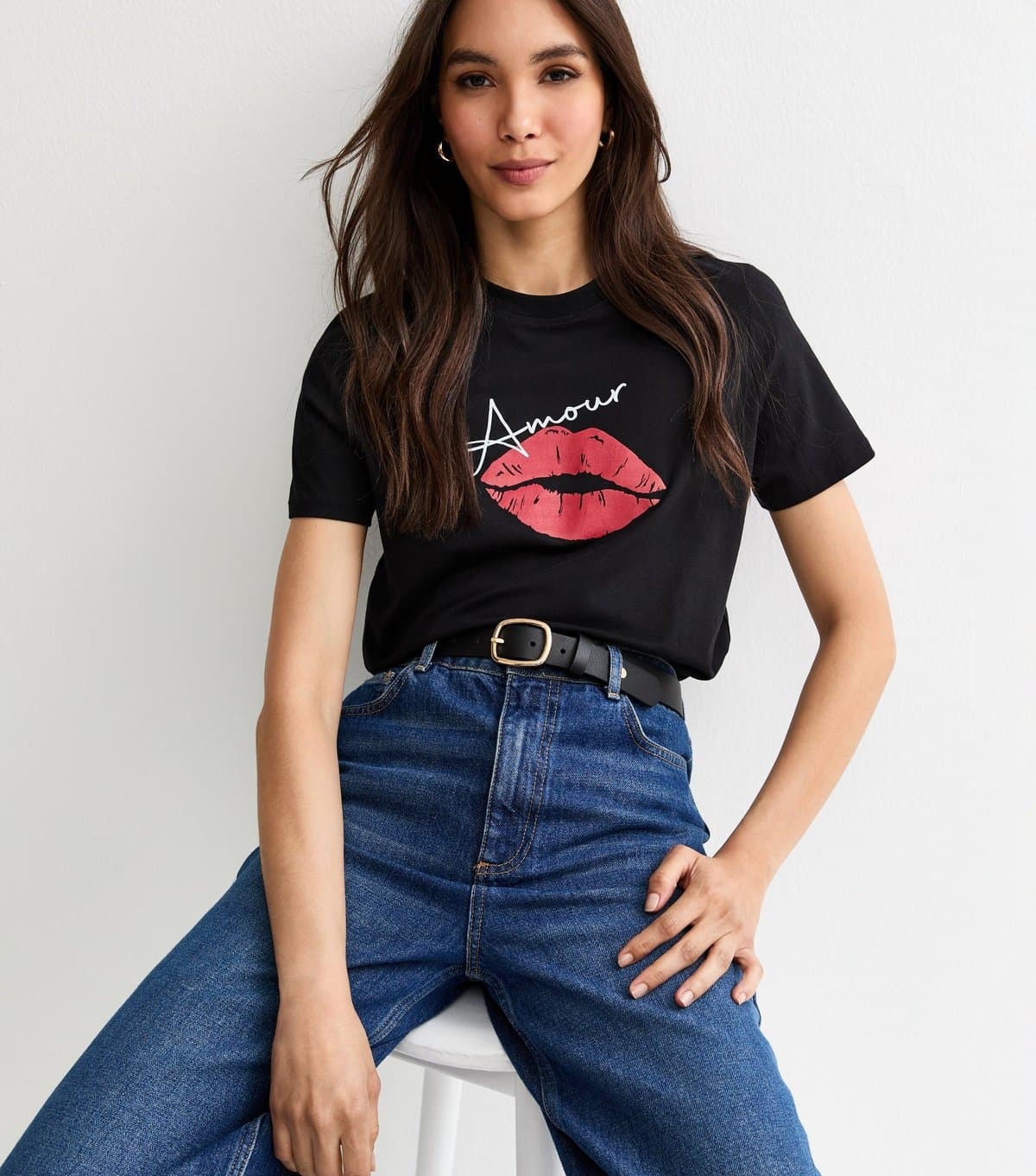 New Look Women's Black Amour Lips Print T-Shirt New Look
