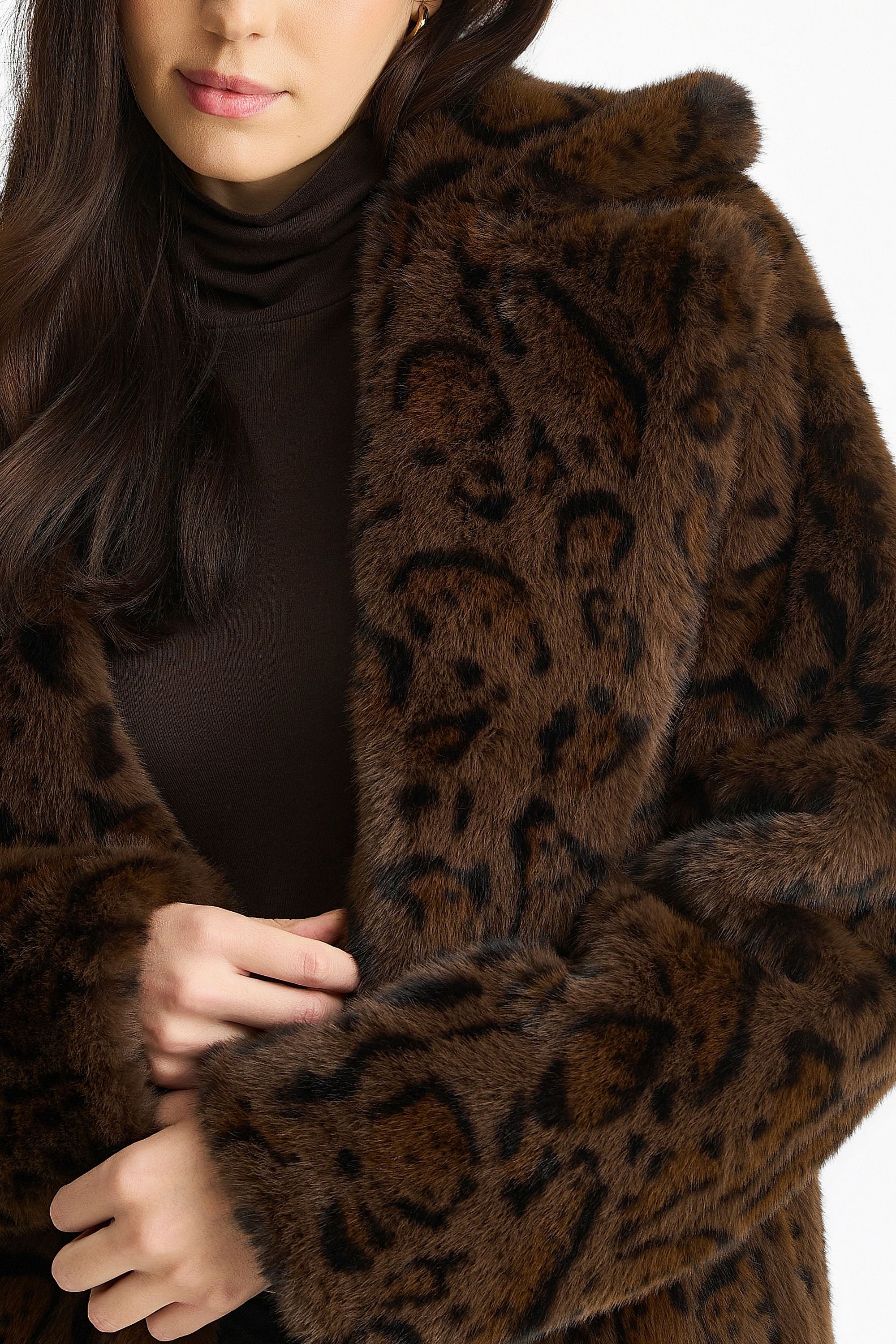 Gini London Gini London Women's Chocolate Animal Print Premium Faux Fur Belted Long Coat - 2