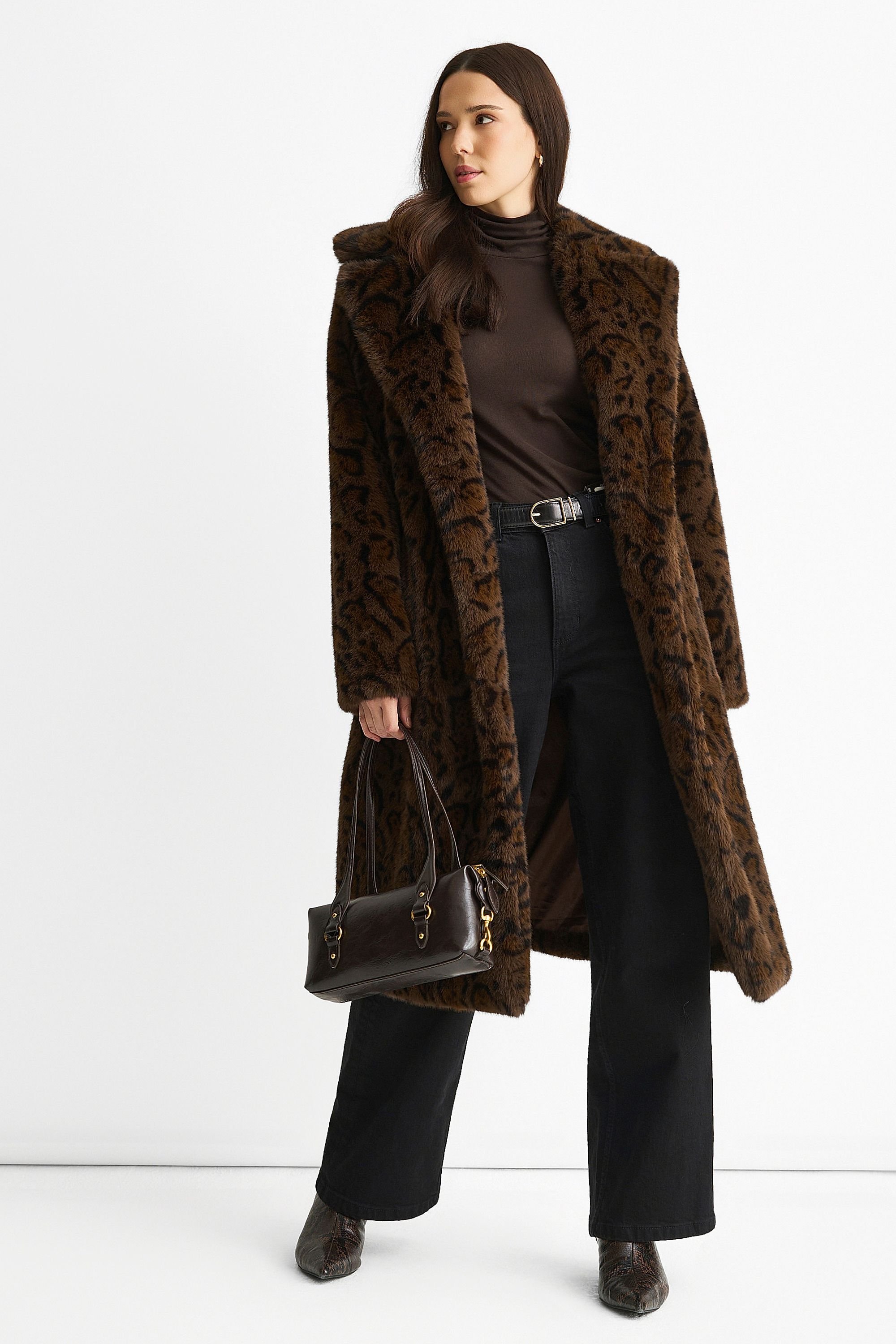 Gini London Gini London Women's Chocolate Animal Print Premium Faux Fur Belted Long Coat - 3