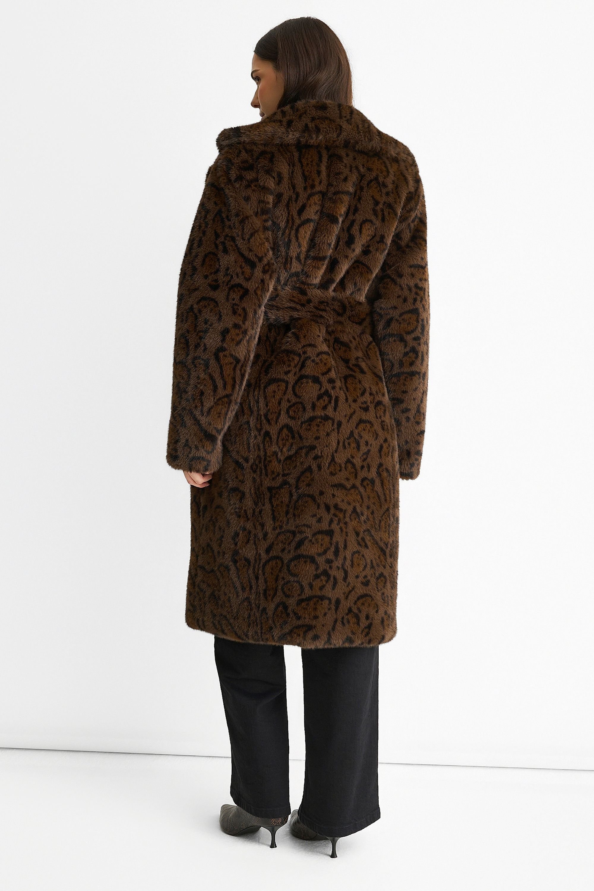 Gini London Gini London Women's Chocolate Animal Print Premium Faux Fur Belted Long Coat - 4