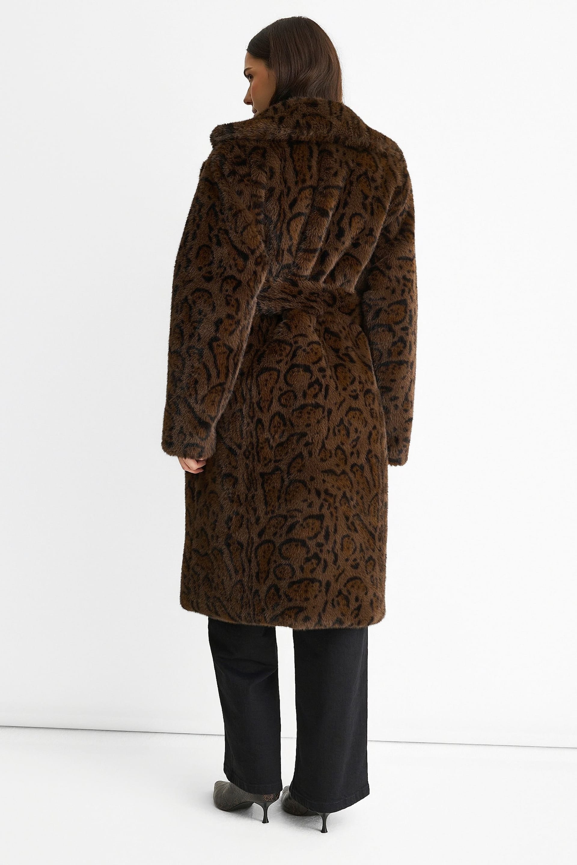 Gini London Gini London Women's Chocolate Animal Print Premium Faux Fur Belted Long Coat - 4