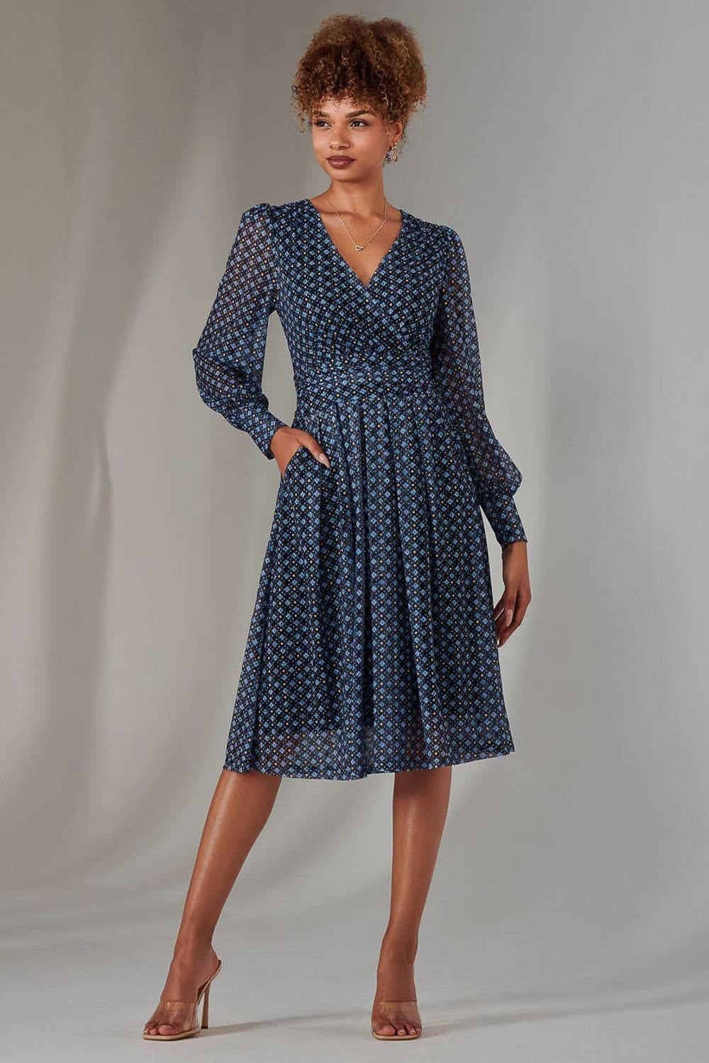 Jolie Moi Jolie Moi Women's Long Sleeve Lace Print Midi Dress in Mid Navy