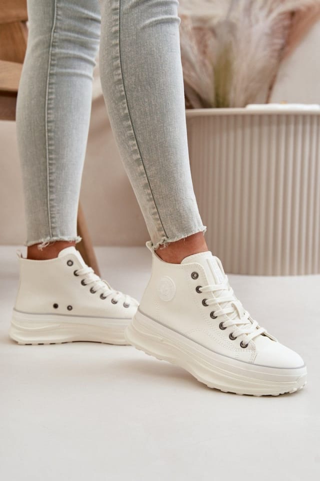 Love Lace Love Lace Women's Big Star PU Look Platform Sneakers Lace Rounded Toe in White - 3