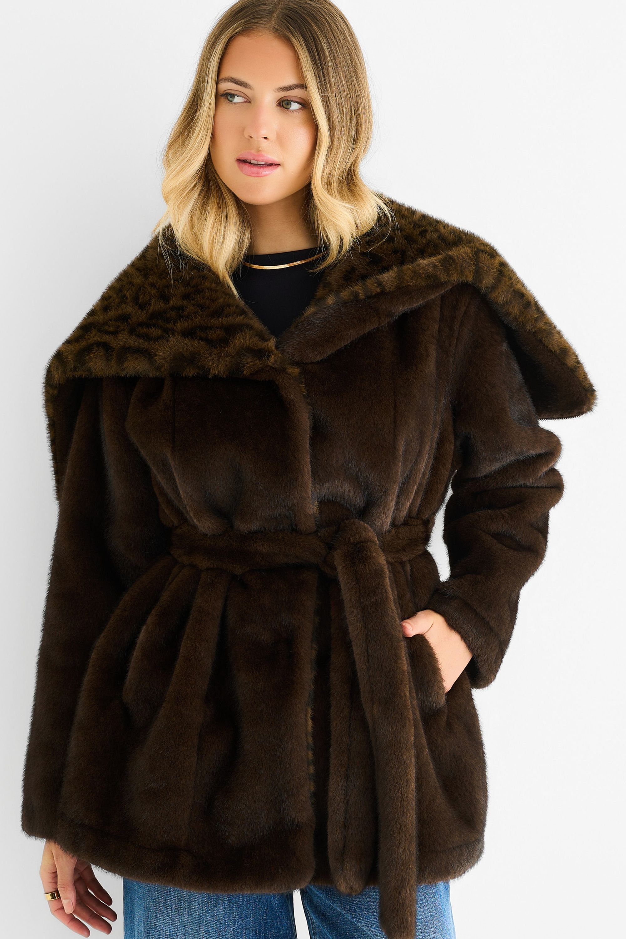 Gini London Gini London Women's Chocolate Premium Contrast Lapel Hood Animal Faux Fur Jacket - 2