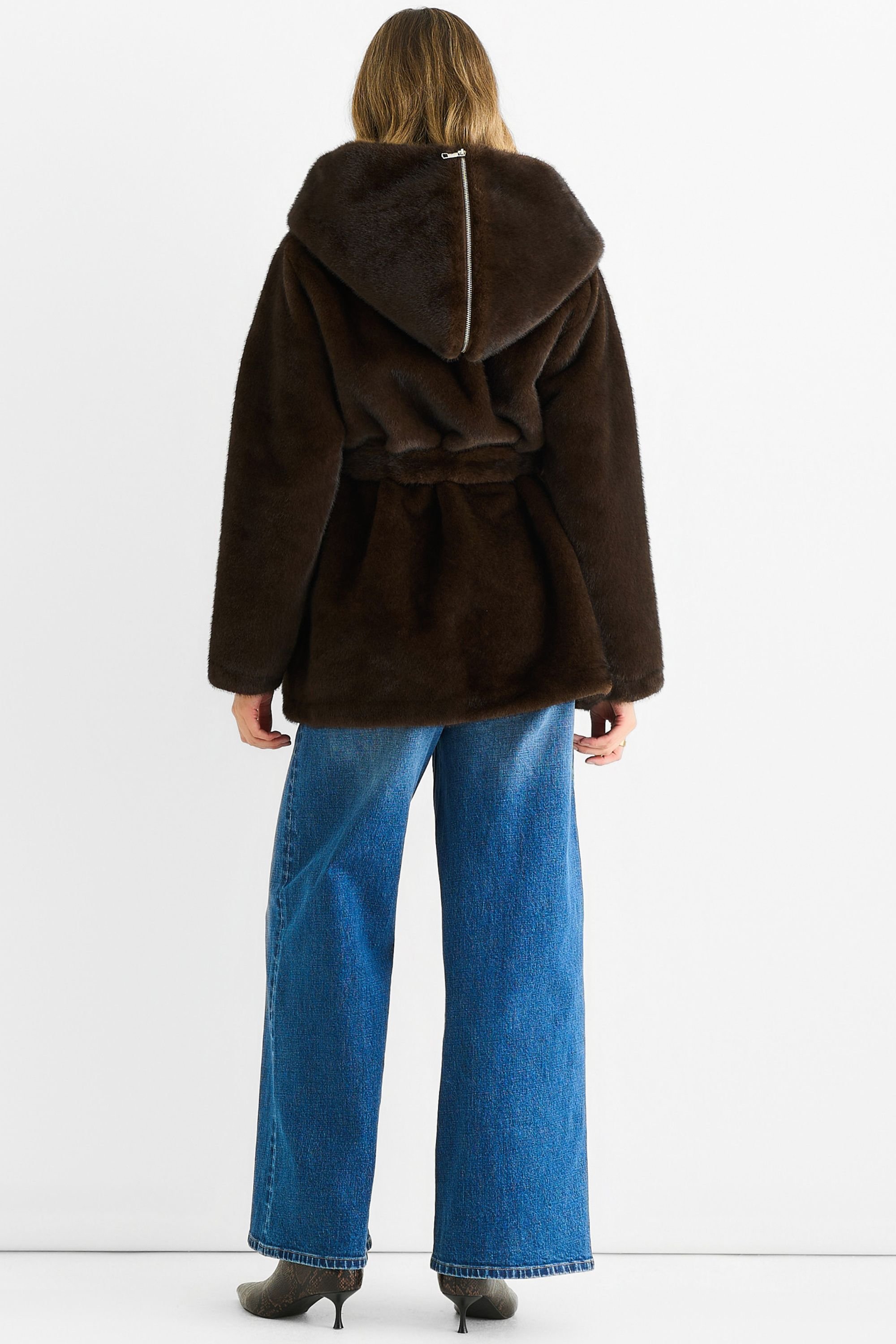 Gini London Gini London Women's Chocolate Premium Contrast Lapel Hood Animal Faux Fur Jacket - 4