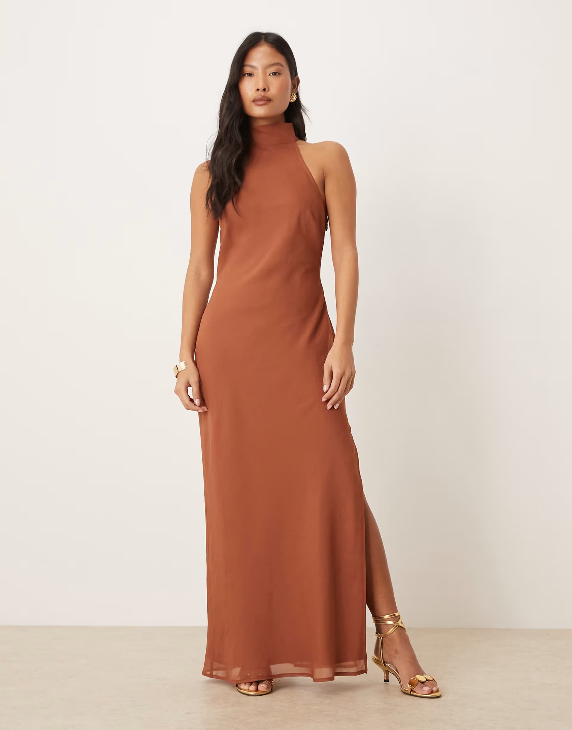 ASOS ASOS DESIGN Petite chiffon high neck midi dress in rust