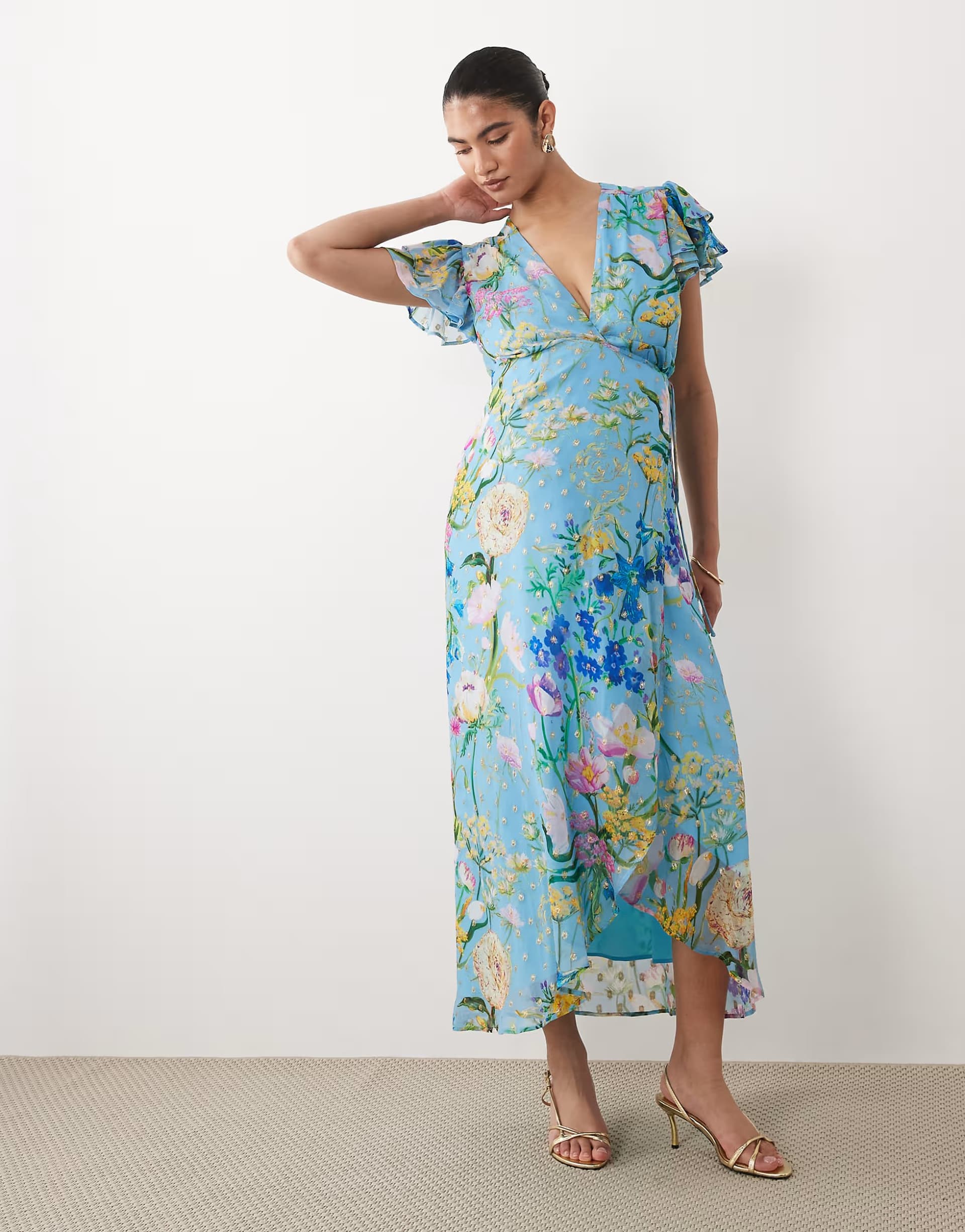ASOS Hope & Ivy Maternity flutter sleeve maxi wrap dress with tie waist in blue floral print