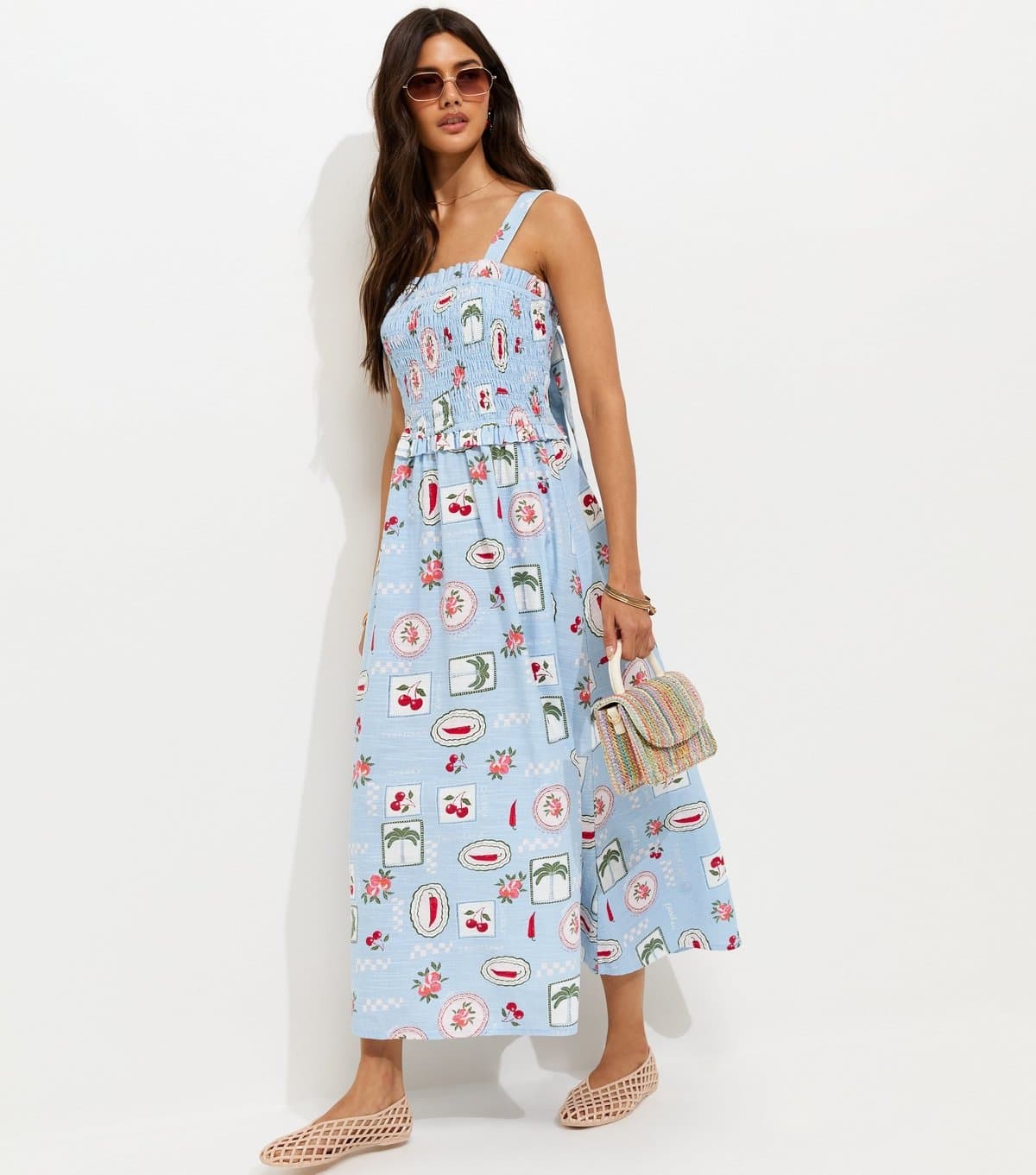 New Look Women's Blue Patchwork Print Shirred Bodice Midi Dress New Look
