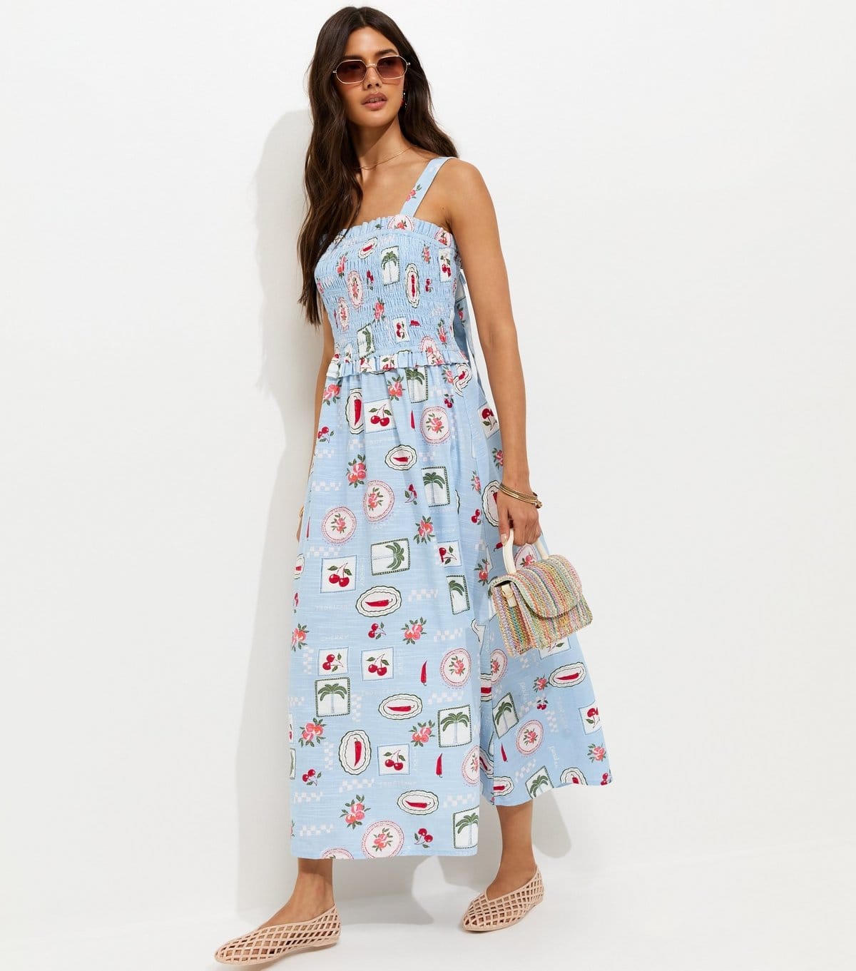 Women's Blue Patchwork Print Shirred Bodice Midi Dress New Look