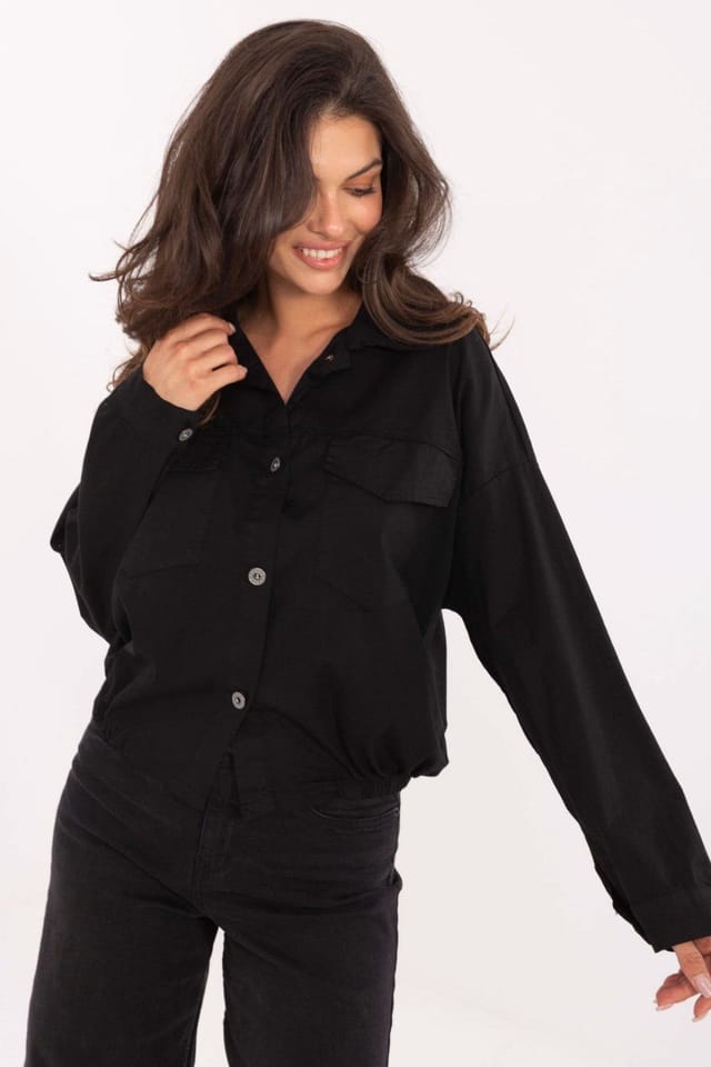 Love Lace Love Lace Women's Cotton Long Sleeve Pocket Shirt in Black - 3