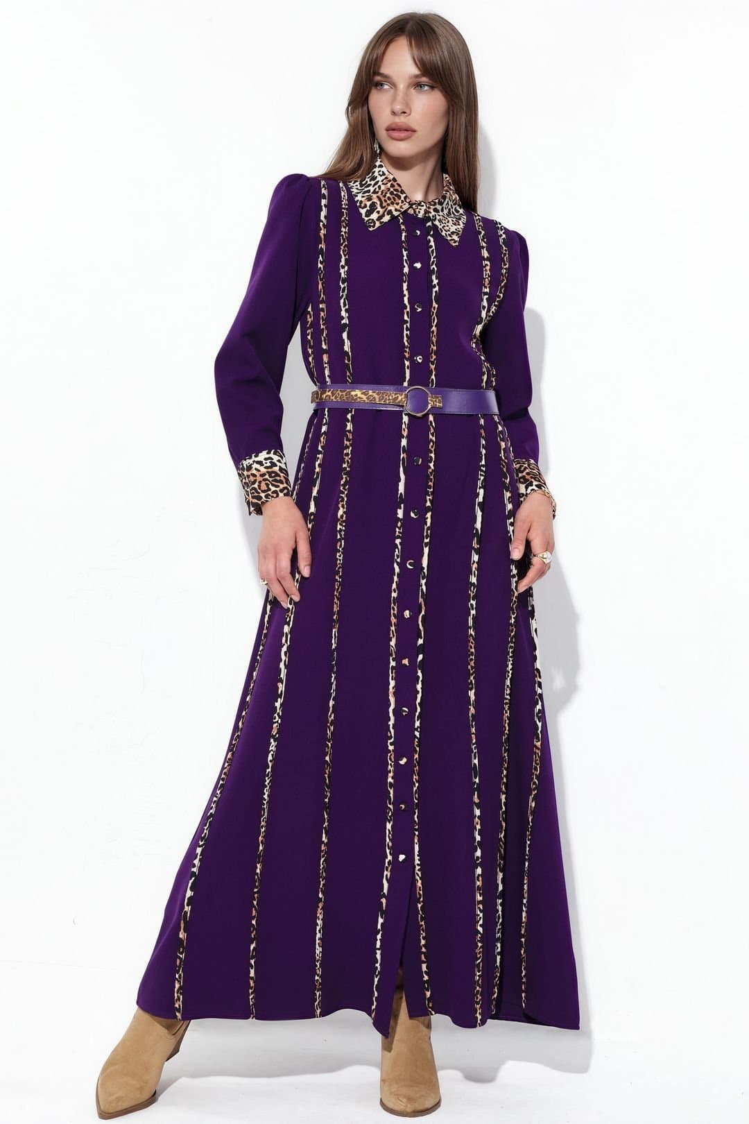 MSN Collection MSN Collection Women's Leopard Print Maxi Shirt Dress in Purple