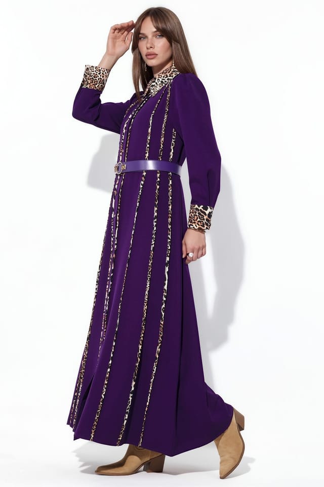 MSN Collection MSN Collection Women's Leopard Print Maxi Shirt Dress in Purple - 2
