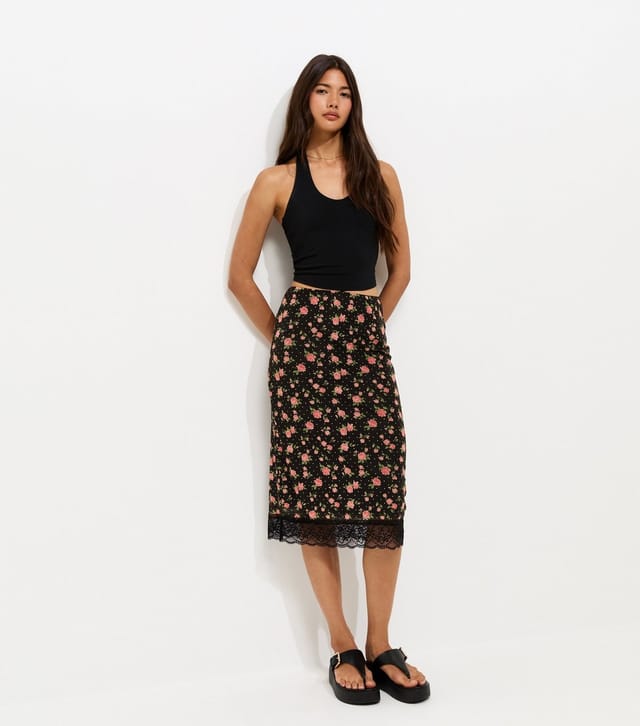New Look Women's Black Floral Mesh Midi Skirt New Look - 3