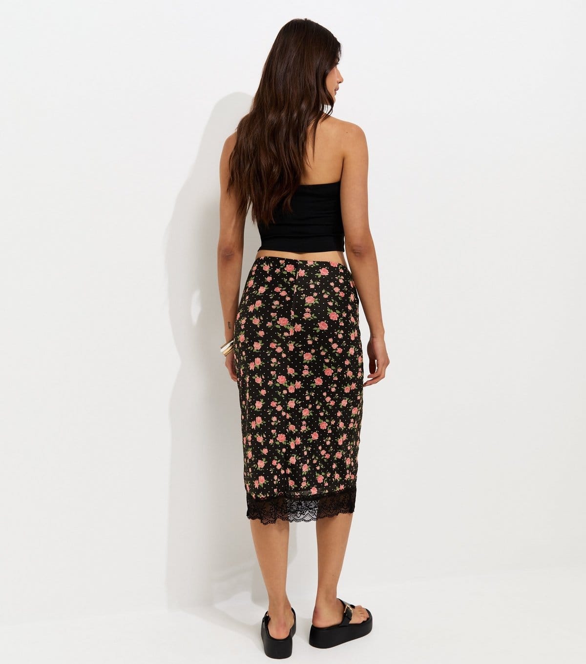New Look Women's Black Floral Mesh Midi Skirt New Look - 4