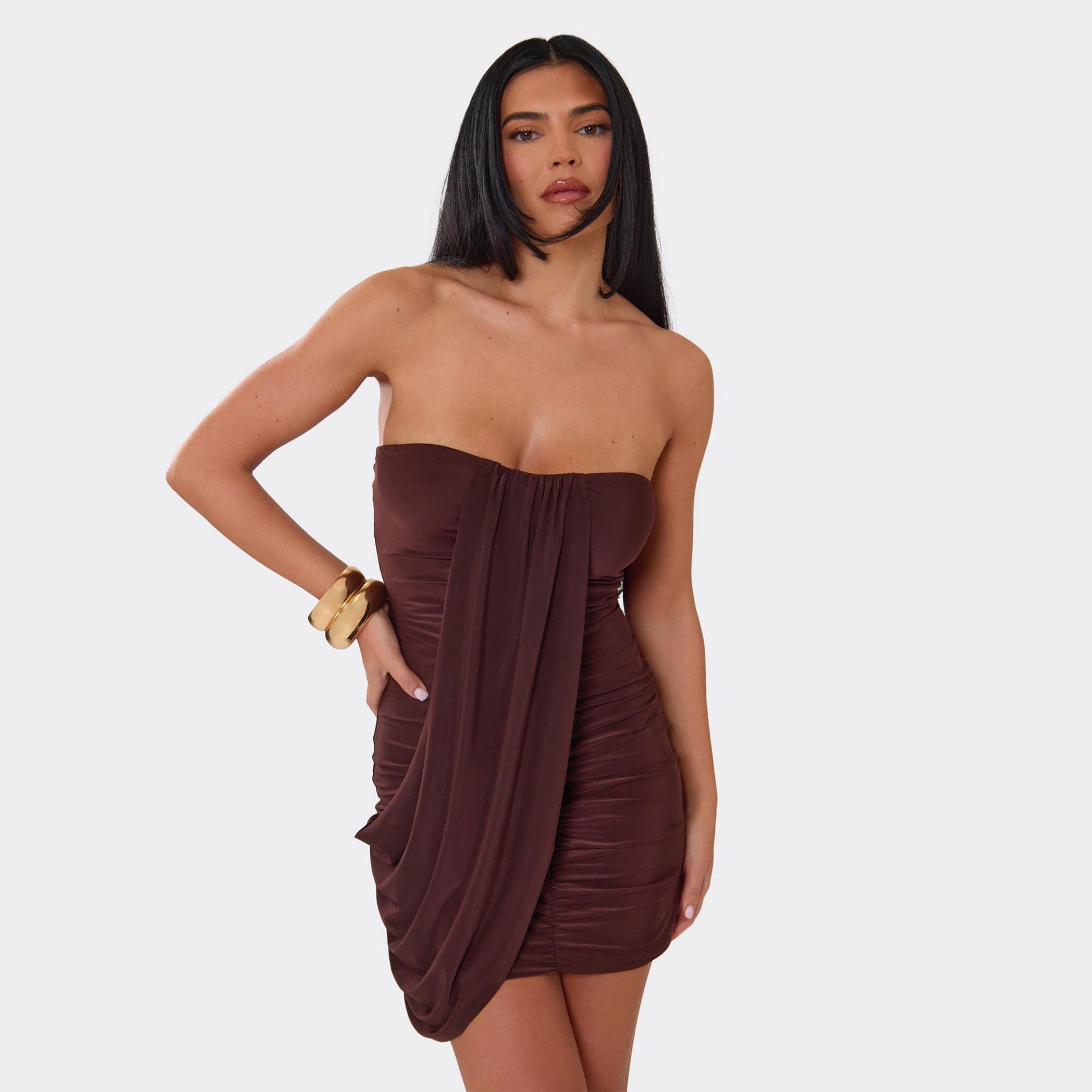 EGO Bandeau Drape Front Mini Dress In Chocolate Brown, Women's Size UK 6