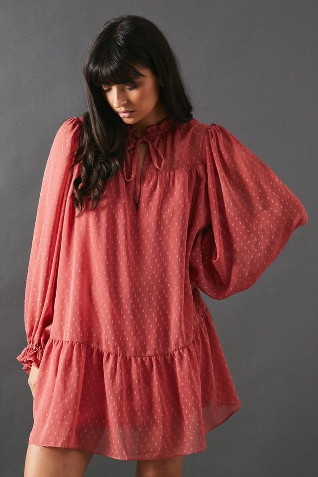Warehouse Warehouse Women's Dobby Chiffon Tie Neck Drop Hem Mini Smock Dress in Rose - 2