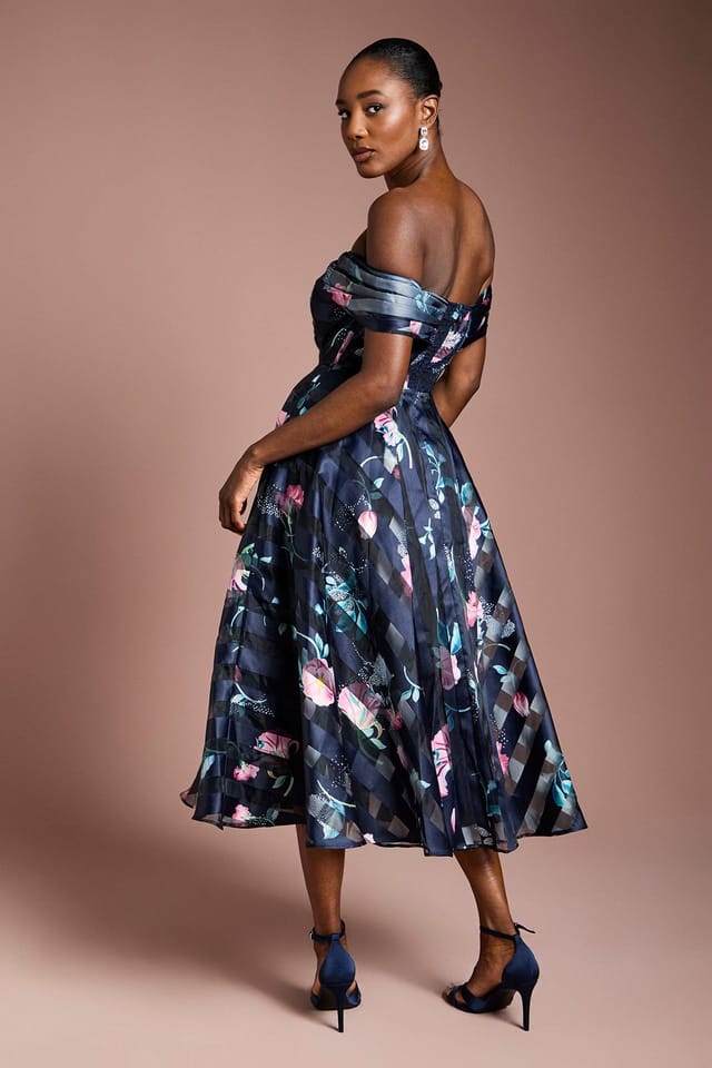 Coast Coast Women's Stripe Organza Pleat Top Midi Dress in Navy - 3