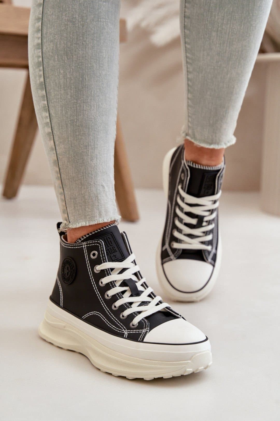 Love Lace Love Lace Women's Big Star Platform PU Look Lace Up Sneakers All Day in Black