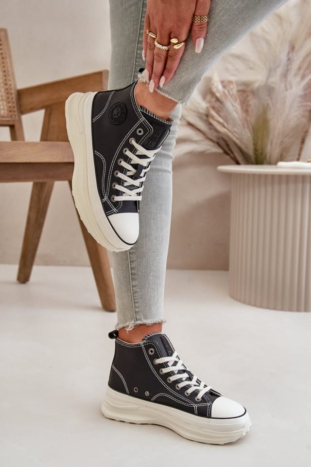 Love Lace Love Lace Women's Big Star Platform PU Look Lace Up Sneakers All Day in Black - 3