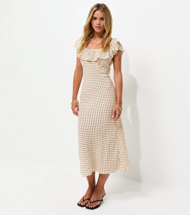 New Look Women's Petite Cream Spot Ruff Neck Midi Dress New Look - 2