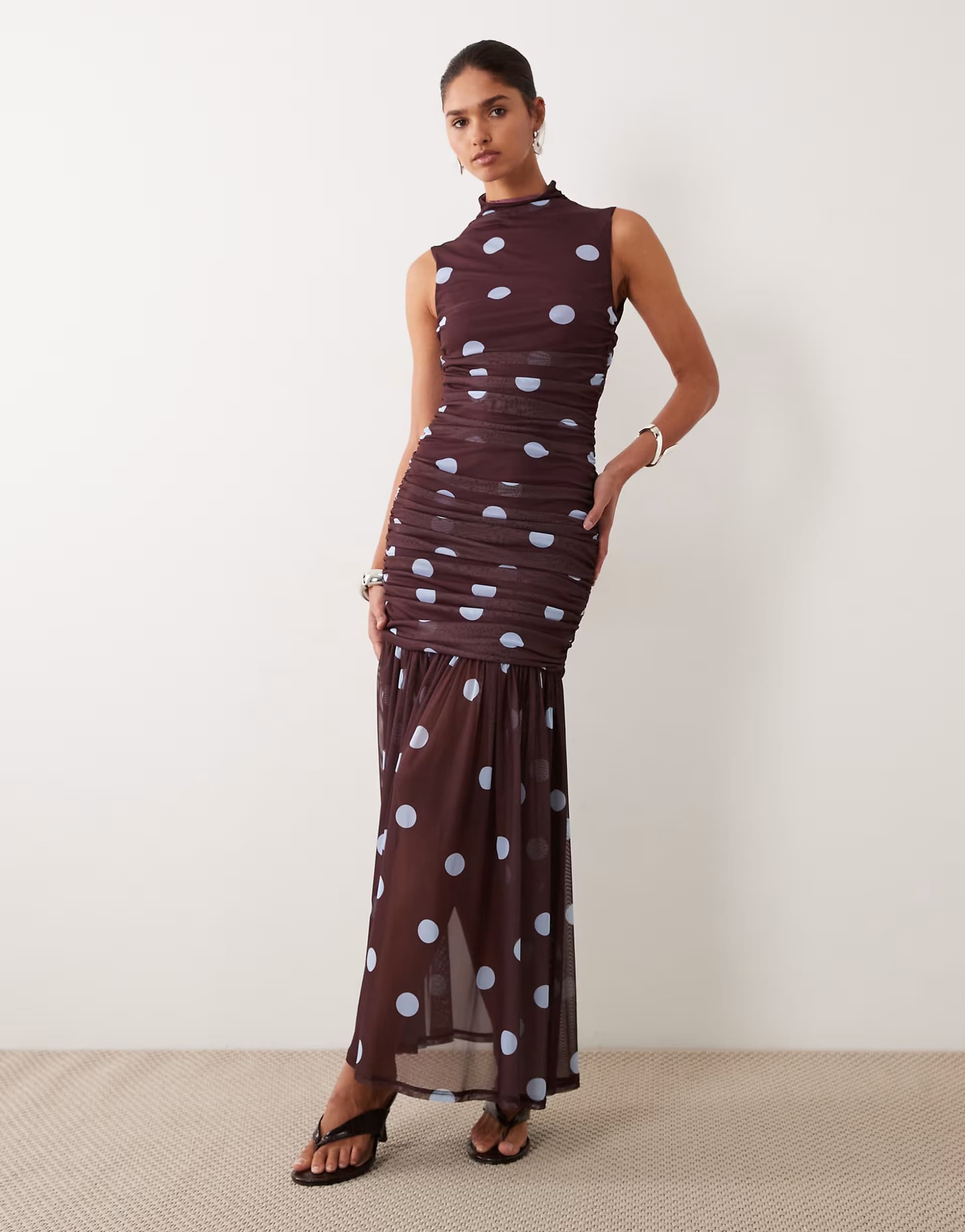 ASOS ASOS DESIGN printed polka dot ruched drop waist circle dress with grown in neck in burgundy