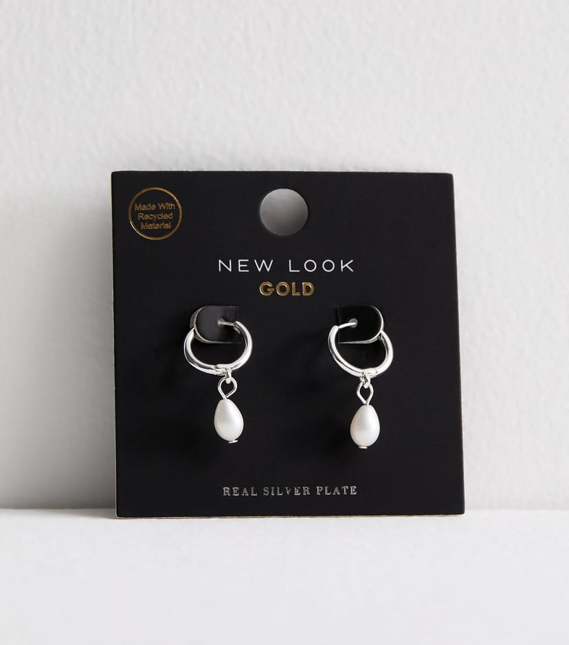 New Look Silver Plated Faux Pearl Drop Hoop Earrings New Look - 1