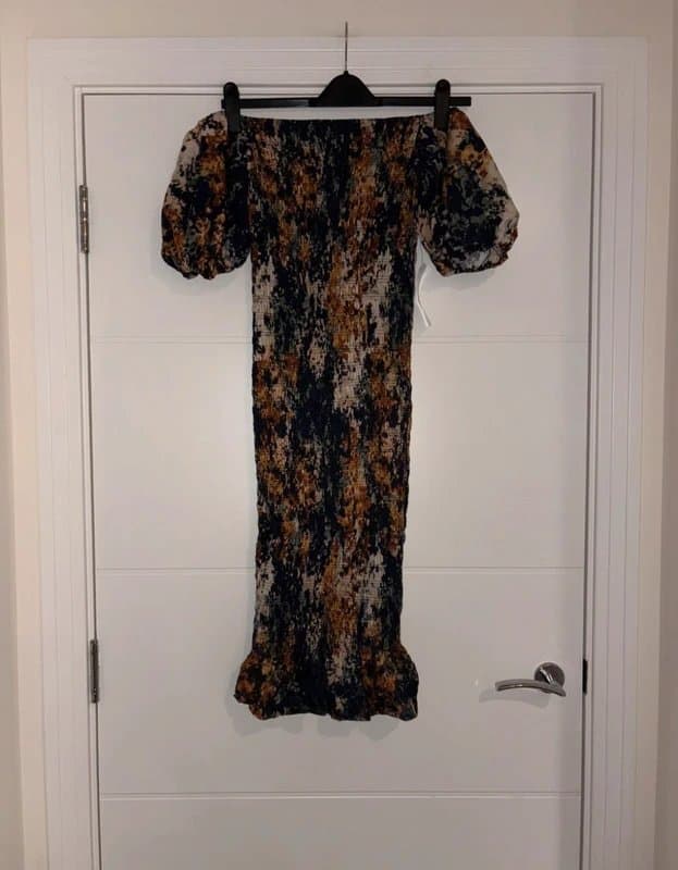 Never Fully Dressed Never Fully Dressed Navy Orange Tie Dye Bandeau Puff Sleeve Midi Dress Size 10 occasion smart