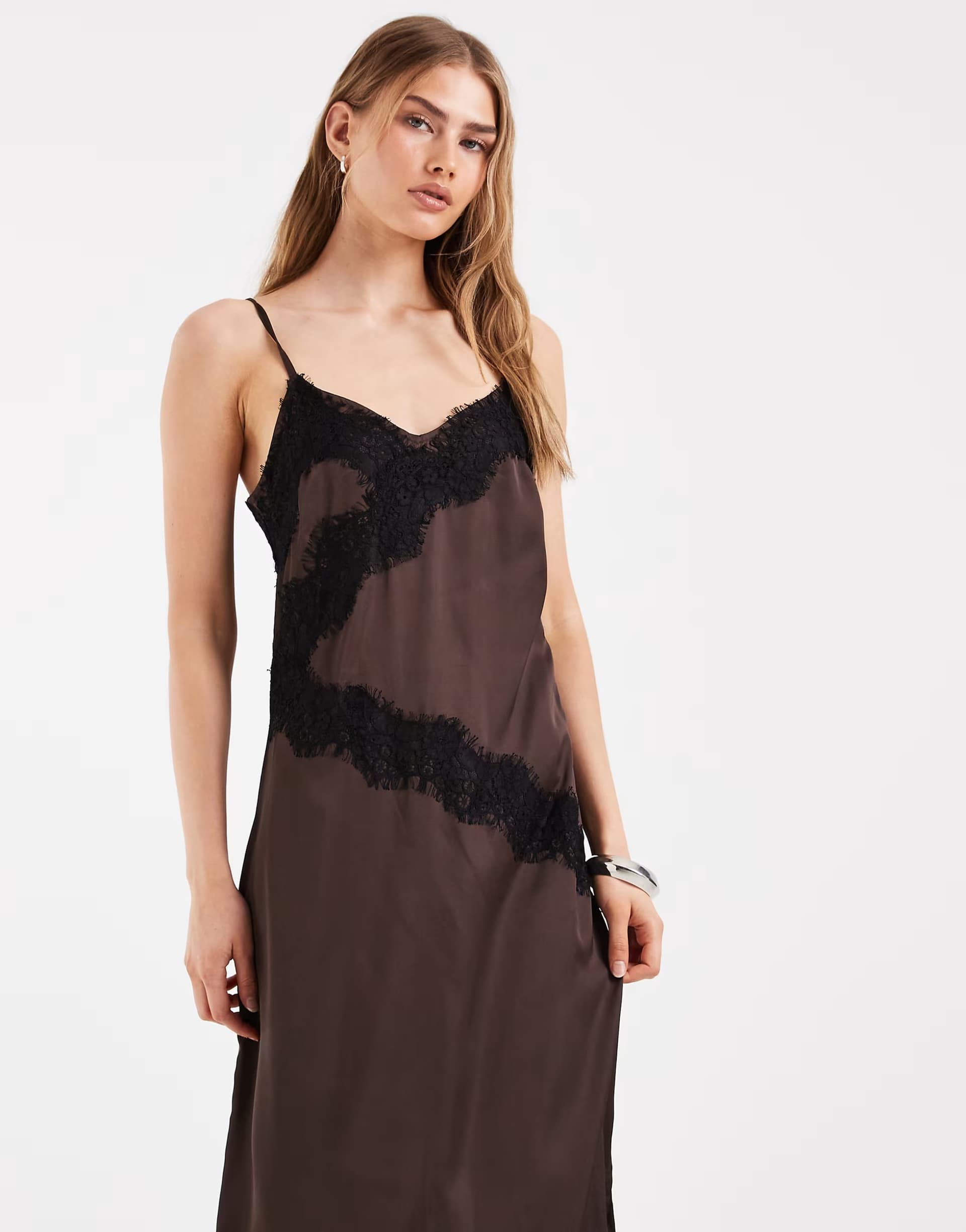 ASOS Pieces satin cami maxi dress with lace trim in chocolate brown