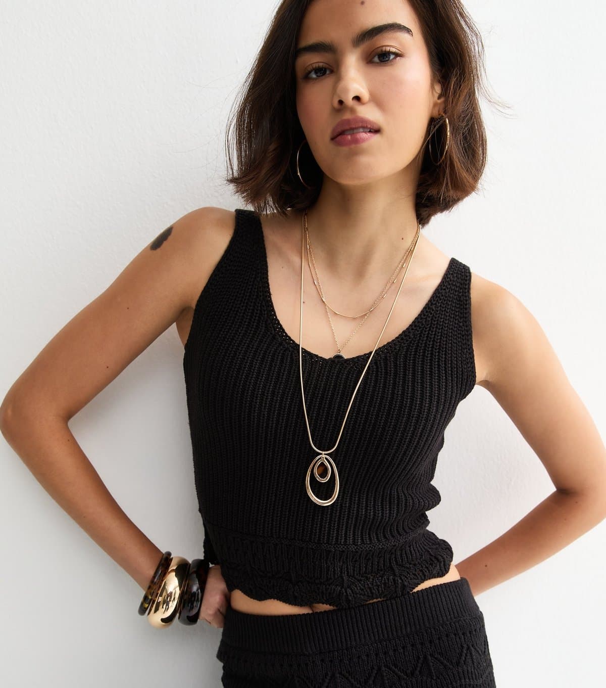 New Look Women's Black Cotton Rich Stitchy-Hem Scoop Neck Vest New Look