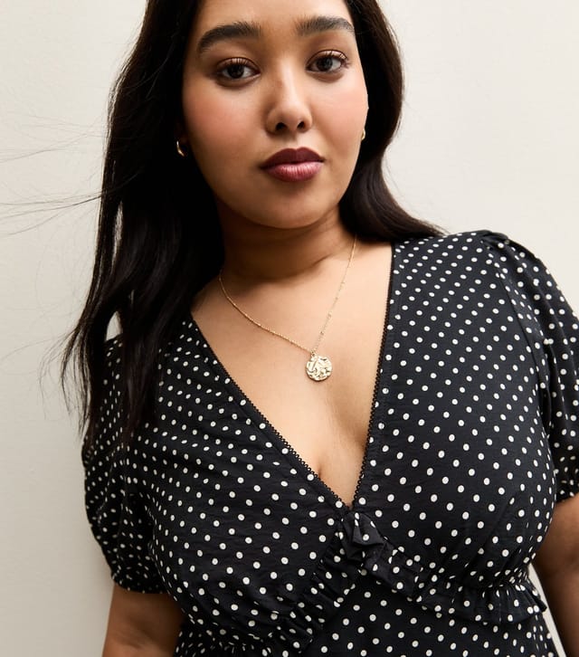 New Look Women's Plus Size Black Polka Dot Short Sleeve Tea Midi Dress Curves New Look - 2