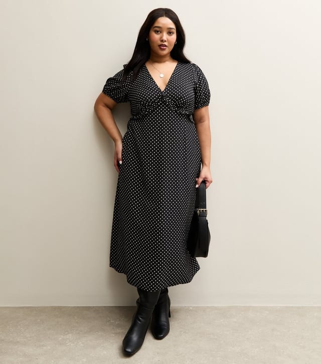 New Look Women's Plus Size Black Polka Dot Short Sleeve Tea Midi Dress Curves New Look - 3