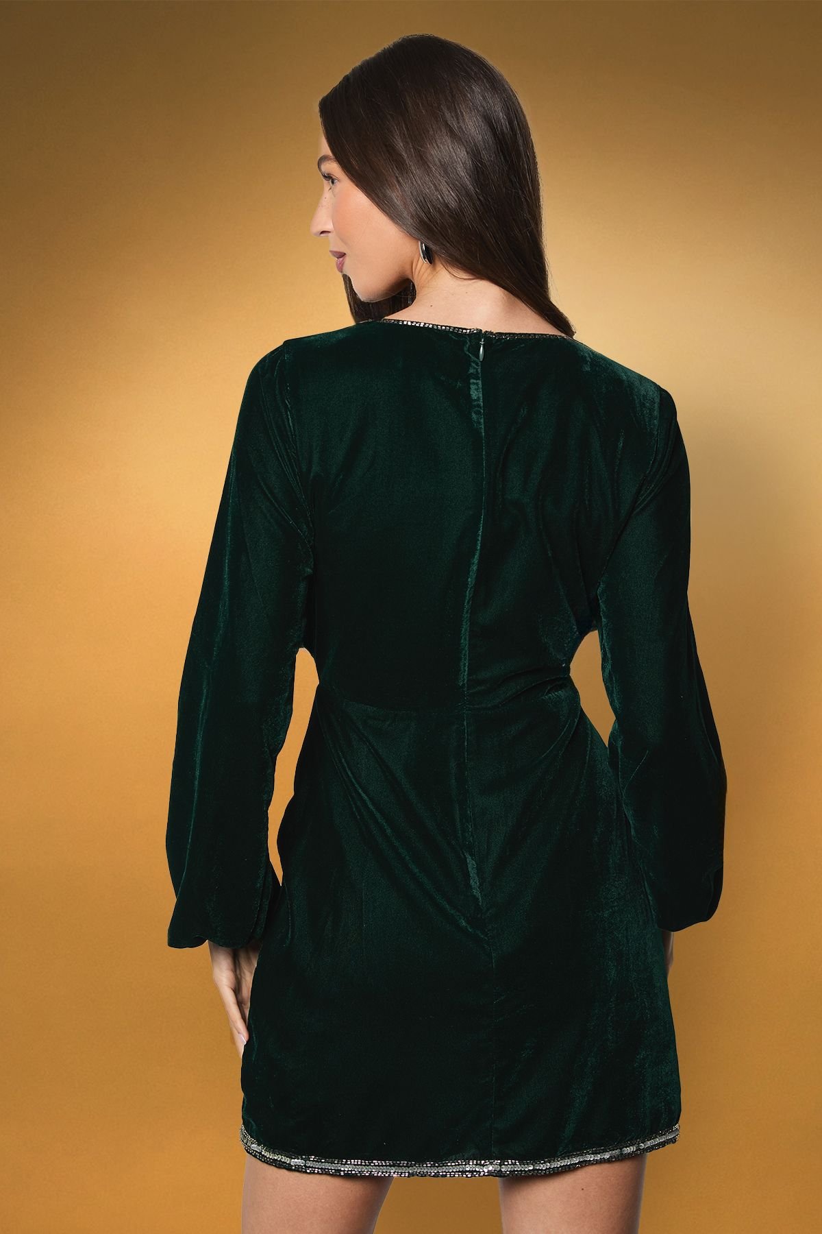 Coast Coast Women's Flare Sleeve Velvet Floral Embellished Mini Dress in Emerald - 3